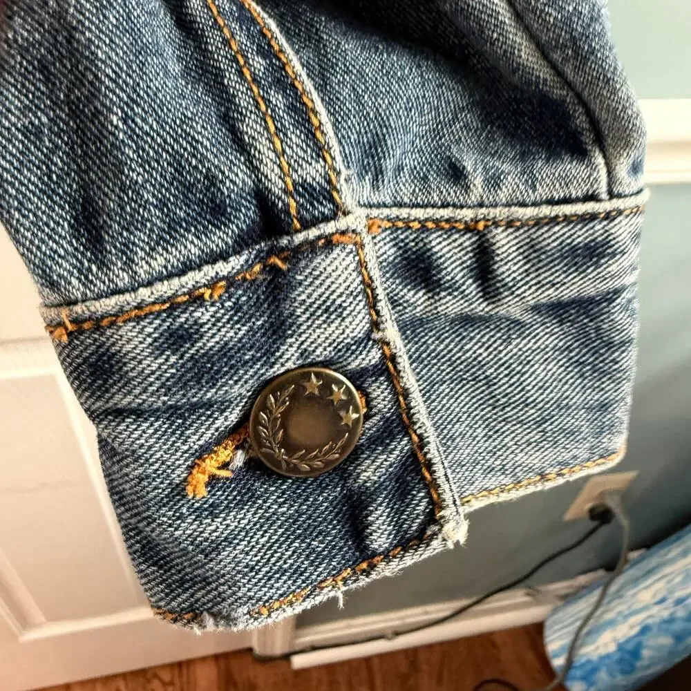 Free People Cropped Denim Jacket Paisley Lined Womens Small Blue